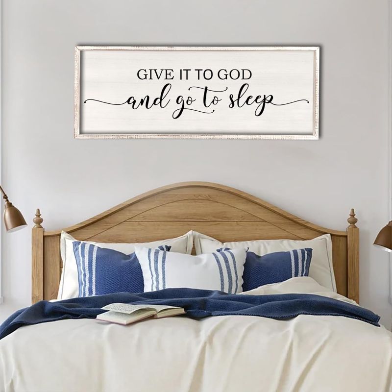 Photo 1 of Give It To God And Go To Sleep Sign Wall Decor 40"X15" Master Bedroom Above Bed Large Farmhouse Wall Decor Wood Rustic Framed Over Bed Wall Art Hanging Decoration (White)
