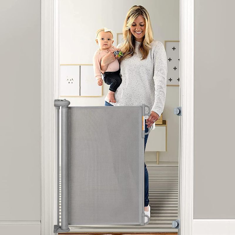 Photo 1 of Cumbor Retractable Baby Gates for Stairs, Extends up to 55" Wide Fabric Dog Gate for The House, 34" Tall Safety Child Gates for Doorways Hallways,Pet Door Indoor & Outdoor,2 Set of Accessories, Gray