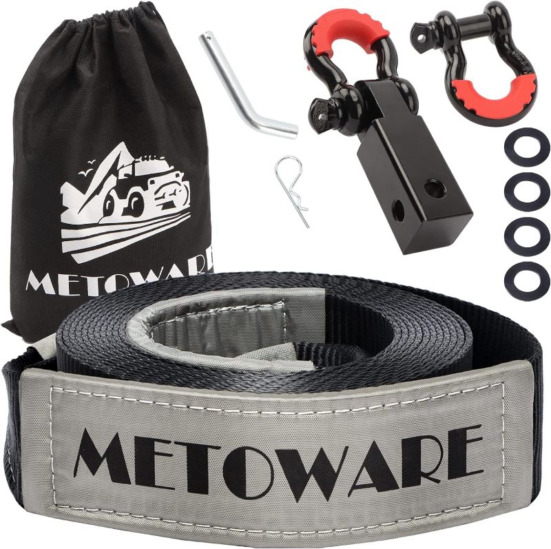 Photo 1 of [read notes]
METOWARE Tow Strap Recovery Kit, 3" x 20ft (35,000lbs) Capacity Recovery Strap, 3/4" D Ring Shackles(2pcs) + 2" Shackle Hitch Receiver + 5/8" Hitch Pin + Storage Bag, Emergency Off Road Towing Rope
