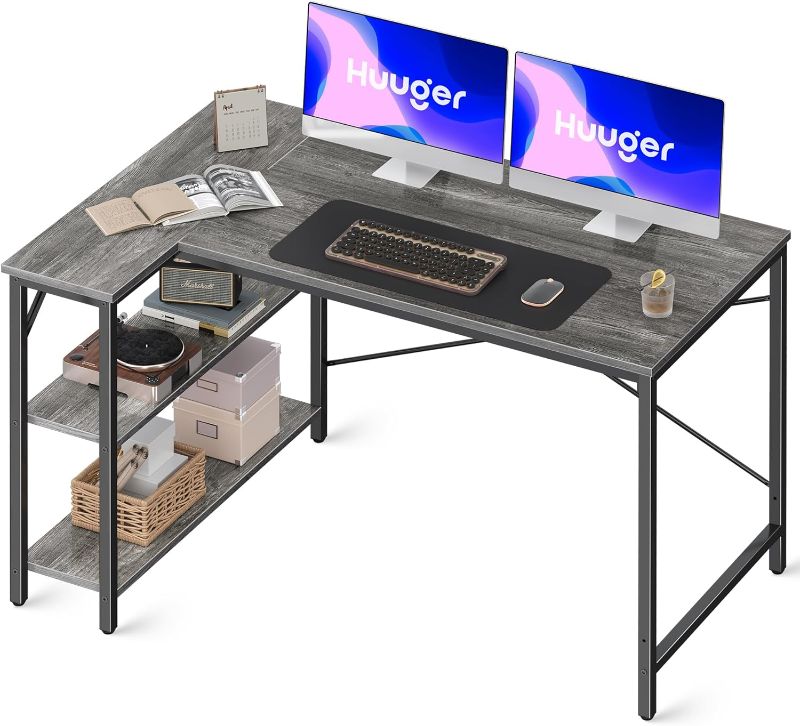 Photo 1 of L Shaped Desk, 47 Inches Computer Desk with Reversible Storage Shelves, Gaming Desk, Corner Desk Home Office Desks, Writing Desk Study Desk with Metal Frame, grey
