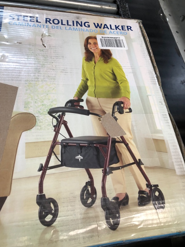 Photo 5 of Medline Rollator Walker with Seat, Steel Rolling Walker with 6-inch Wheels Supports up to 350 lbs, Medical Walker, Burgundy
