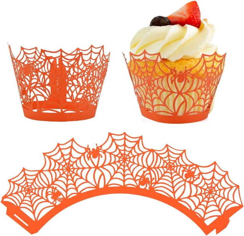 Photo 1 of (2 PACK) 100 Pieces Halloween Cupcake Wrappers Spider Cupcake Wrapper Cupcake Liners Spiderweb Halloween  100 ORANGE