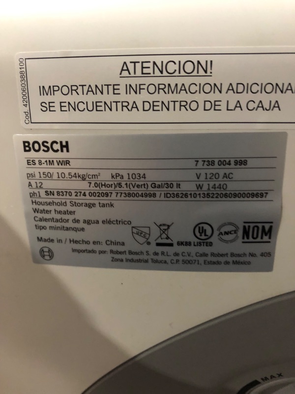 Photo 5 of **MINOR DAMAGE PREV USED**
Bosch Electric Mini-Tank Water Heater Tronic 3000 T 7-Gallon (ES8) - Eliminate Time for Hot Water - Shelf, Wall or Floor Mounted