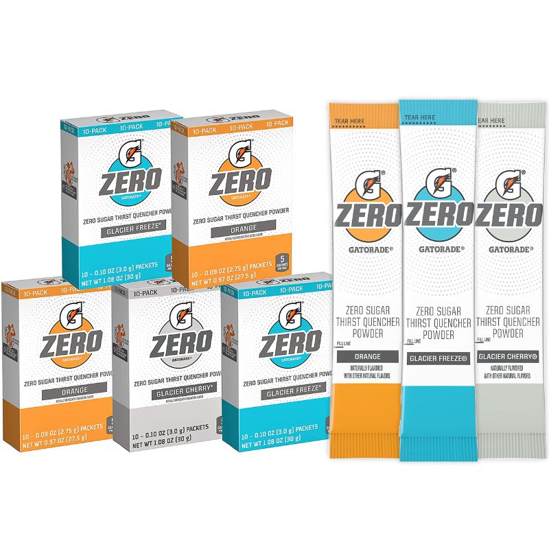 Photo 1 of **NO RETURNS**3/24**Gatorade G Zero Powder, Glacier Cherry Variety Pack, 0.10oz Individual Packets - 10 Count (Pack of 5) Orange / Glacier Freeze / Glacier Cherry 10 Count (Pack of 5)