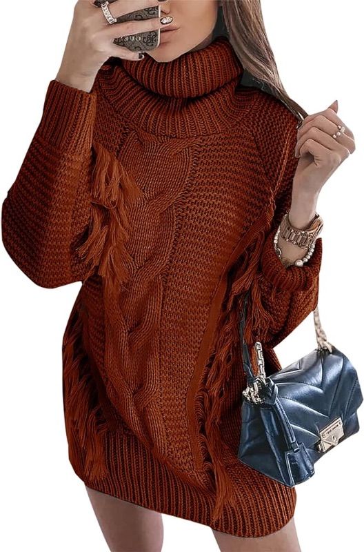 Photo 1 of BTFBM Women Fashion Sweater Short Dress Long Sleeve Turtleneck Oversized Fall Winter Soft Chunky Knit Pullover Sweaters MediumTassel Caramel