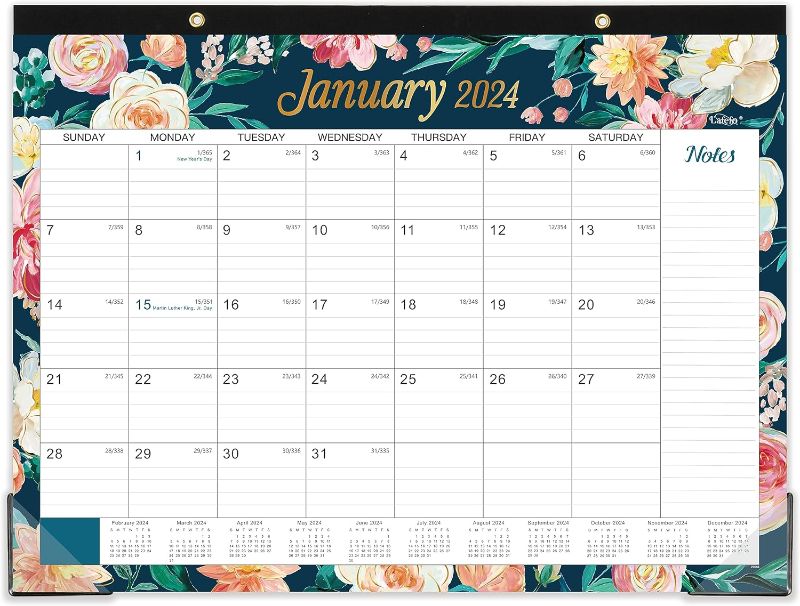 Photo 2 of Desk Calendar 2023-2024 - July 2023 - December 2024, Large Desk Calendar 2023-2024, 22" x 17", 18 Monthly Desk Calendar with Corner Protectors, Large Ruled Blocks & 2 Hanging Hooks - Blue Floral Large Size - 22'' x 17'' desk calendar