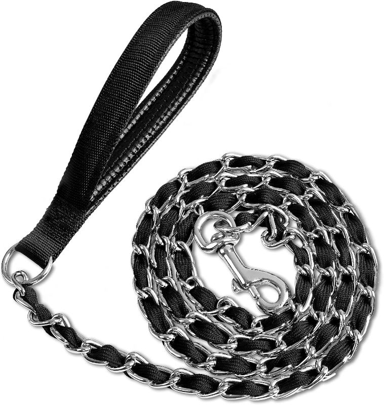 Photo 1 of  Heavy Duty Metal Dog Leash, Chew Proof Dog Chain Leash with Comfortable PU Leather Padded Handle, Metal Chain and Nylon Rope Dog Leash for Medium Large Dogs Walking Training (4ft 3.5mm Black)
