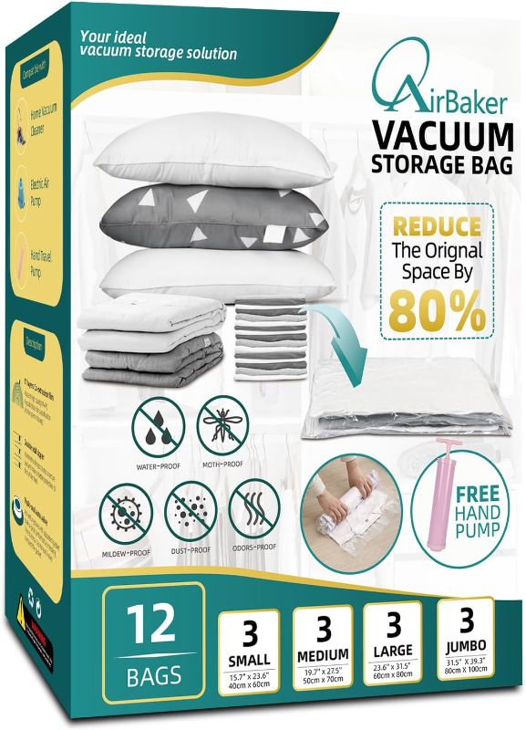 Photo 1 of Vacuum Storage Bags 12 Pack Space Saver for Clothes Blankets Clothing Traveling Comforters Vacuum Seal Bag with Travel Pump (3XL+3L+3M+3S)