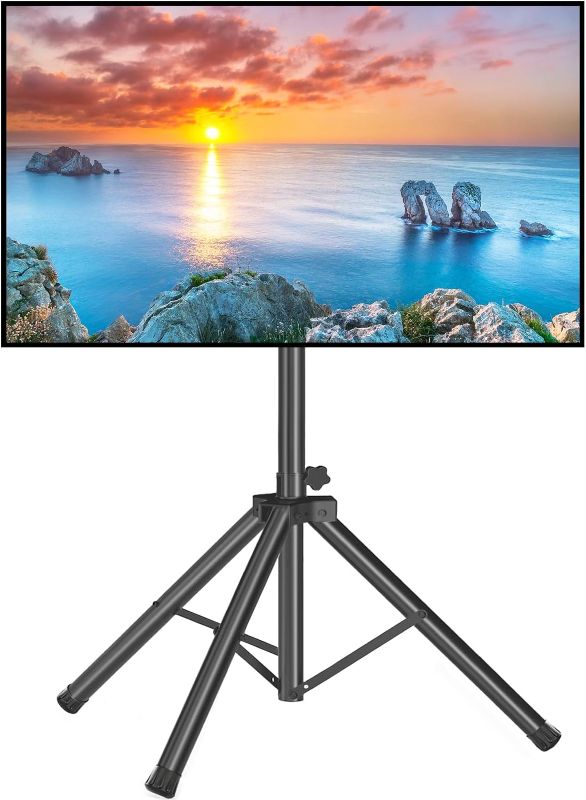 Photo 1 of Portable TV Stand Tripod TV Stand for 23-75 Inch LED LCD OLED for Flat Screens, Outdoor TV Stand with Mount, Height Adjustable, Hold up to 100 lbs, Max VESA 600x400m, Black TV Stand