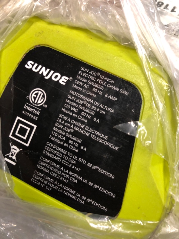 Photo 4 of ***USED - LIKELY MISSING PARTS - UNABLE TO VERIFY FUNCITONALITY***
Sun Joe SWJ803E 10 inch 8.0 Amp Electric Multi-Angle Pole Chain Saw, Corded electric, Green