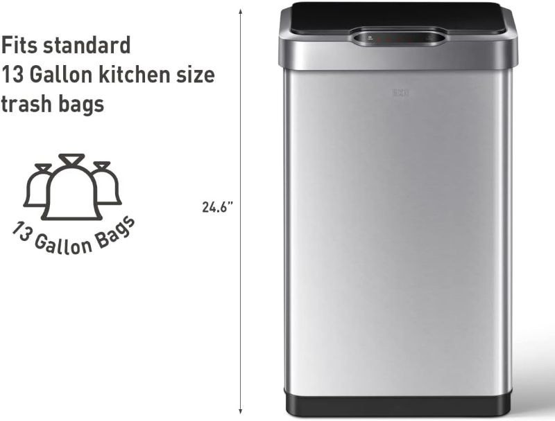 Photo 1 of (NON-REFUNDABLE) EKO Mirage-T 50 Liter / 13.2 Gallon Touchless Rectangular Motion Sensor Trash Can, Brushed Stainless Steel Finish