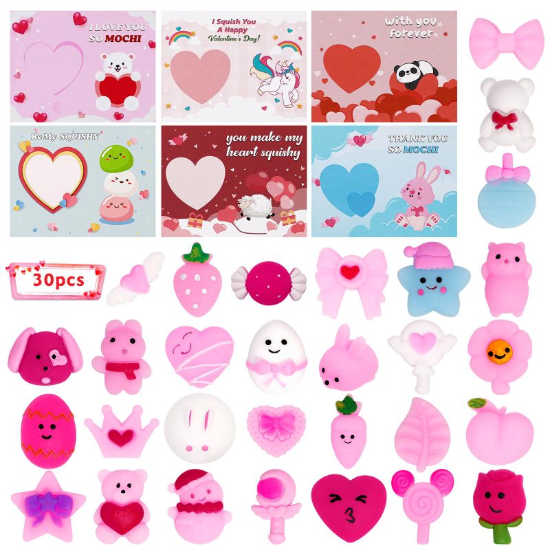 Photo 1 of 30 Packs Valentines Day Gift Cards for Kids with Kawaii Squishies