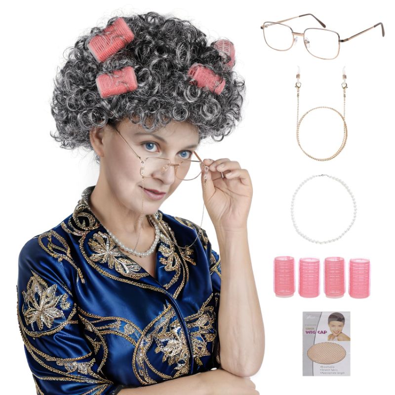 Photo 1 of Old Lady Wig Costume for Women 100 Days of School Costume for Kids Girls Grandma Granny Costume Wig With Bangs For Halloween Cosplay Old Lady-3