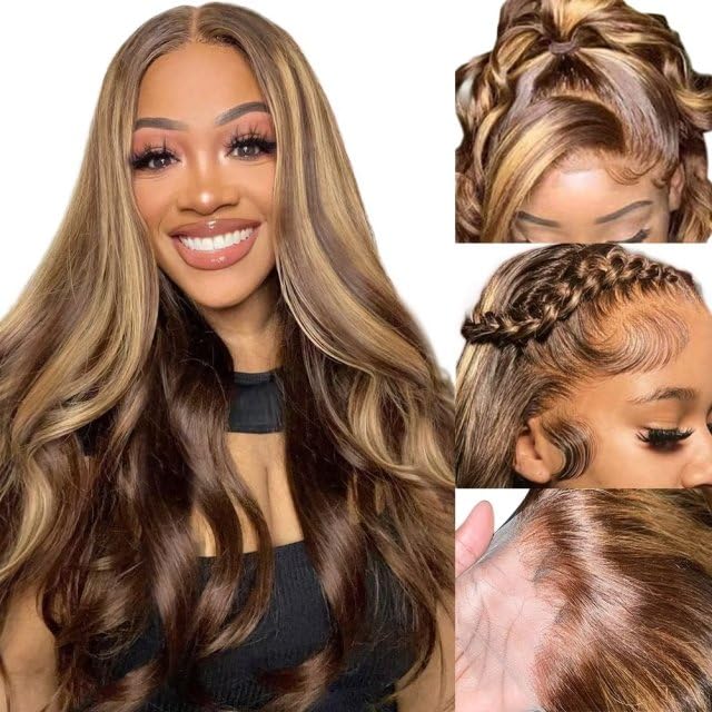 Photo 1 of SFD Highlight Ombre Lace Front Wig Human Hair 13x4 HD Lace Honey Blonde Frontal Wigs Pre Plucked 150% Density 4/27 Colored Body Wave Lace Front Wig Human Hair Natural Hairline Piano Color  16INCH