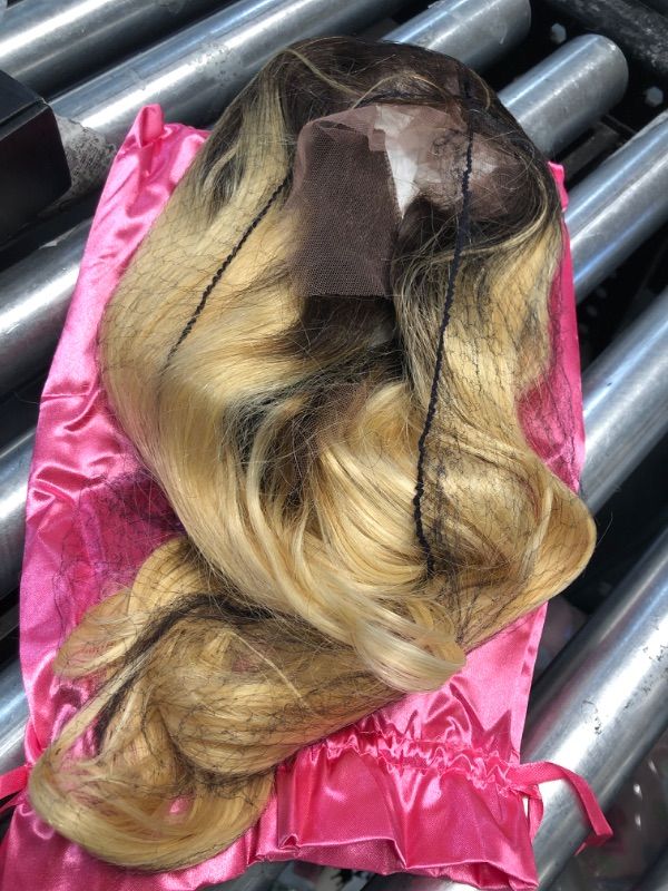 Photo 2 of SFD Highlight Ombre Lace Front Wig Human Hair 13x4 HD Lace Honey Blonde Frontal Wigs Pre Plucked 150% Density 4/27 Colored Body Wave Lace Front Wig Human Hair Natural Hairline Piano Color  16INCH