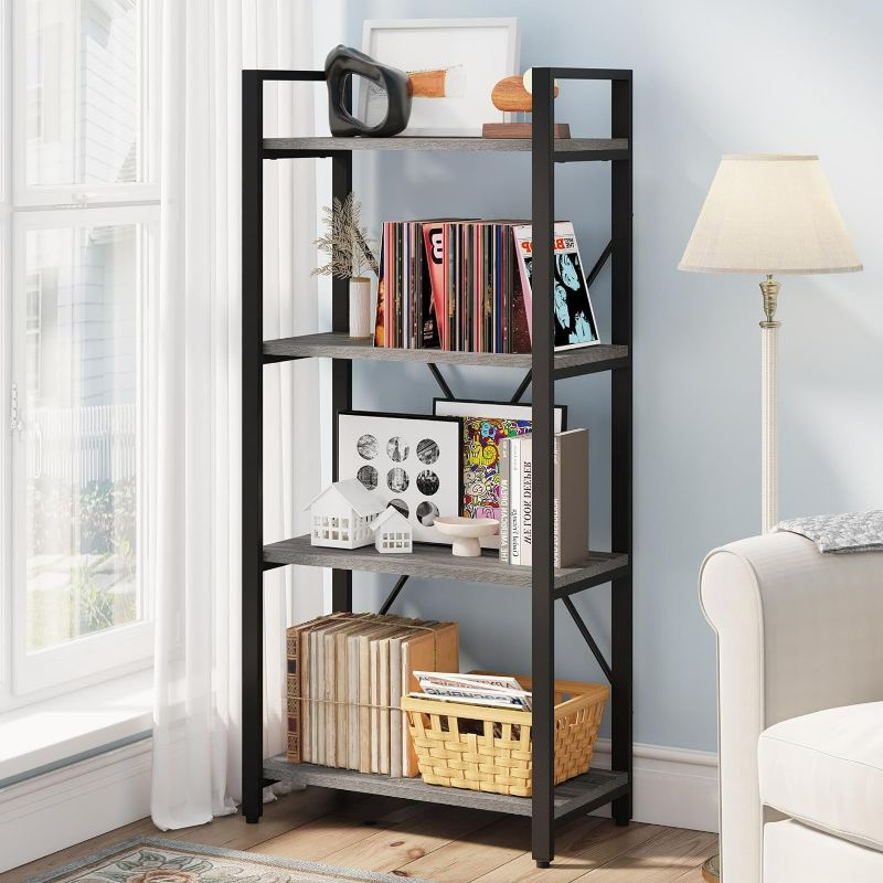 Photo 1 of (NON-REFUNDABLE) BON AUGURE Industrial 4 Tier Bookshelf, Modern Open Etagere Bookcase, Wood Metal Book Shelves for Living Room, Bedroom and Office (Dark Gray Oak)
