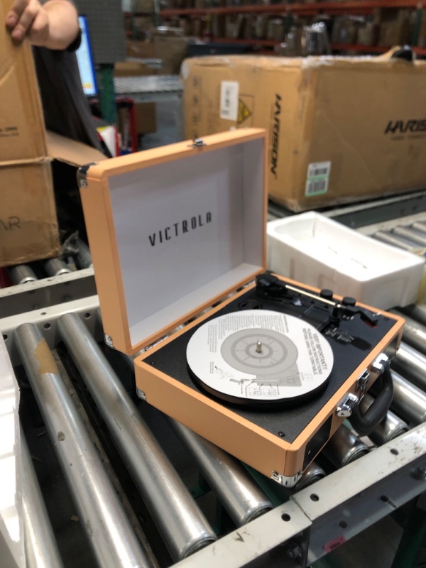 Photo 3 of Victrola Vintage 3-Speed Bluetooth Portable Suitcase Record Player with Built-in Speakers | Upgraded Turntable Audio Sound| Includes Extra Stylus | Peach Rose Gold (VSC-550BT- TPG) Peach Rose Gold Record Player