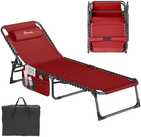 Photo 1 of ***DAMAGED - SLASHED - SEE PICTURES***
Outdoor Folding Chaise Lounge Chair for Outside, Patio, Beach, Poolside, Sunbathing, Adjustable Chairs, Heavy Duty Camping Cot with Shoulder Strap and Pillow, Red