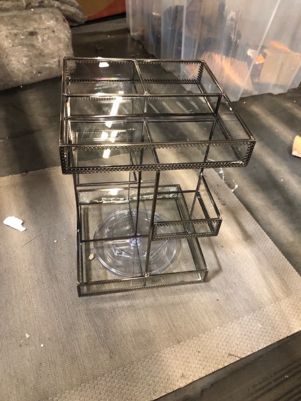 Photo 2 of **broken bottom shelf see pics** 360 Degree Rotation Makeup Organizer Antique Countertop Cosmetic Storage Box Mirror Glass Beauty Display (Brass)