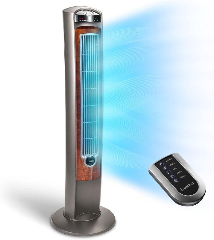 Photo 1 of (NON-REFUNDABLE) Lasko Oscillating Tower Fan, Nighttime Setting, Remote Control, Portable, Timer, for Bedroom, Home and Office, 3 Quiet Speeds, 42.5", Silverwood
