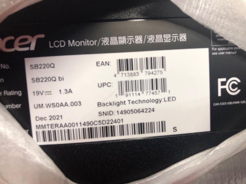 Photo 1 of Acer 21.5 Inch Full HD (1920 x 1080) IPS Ultra-Thin Zero Frame Computer Monitor (HDMI & VGA Port), SB220Q bi
