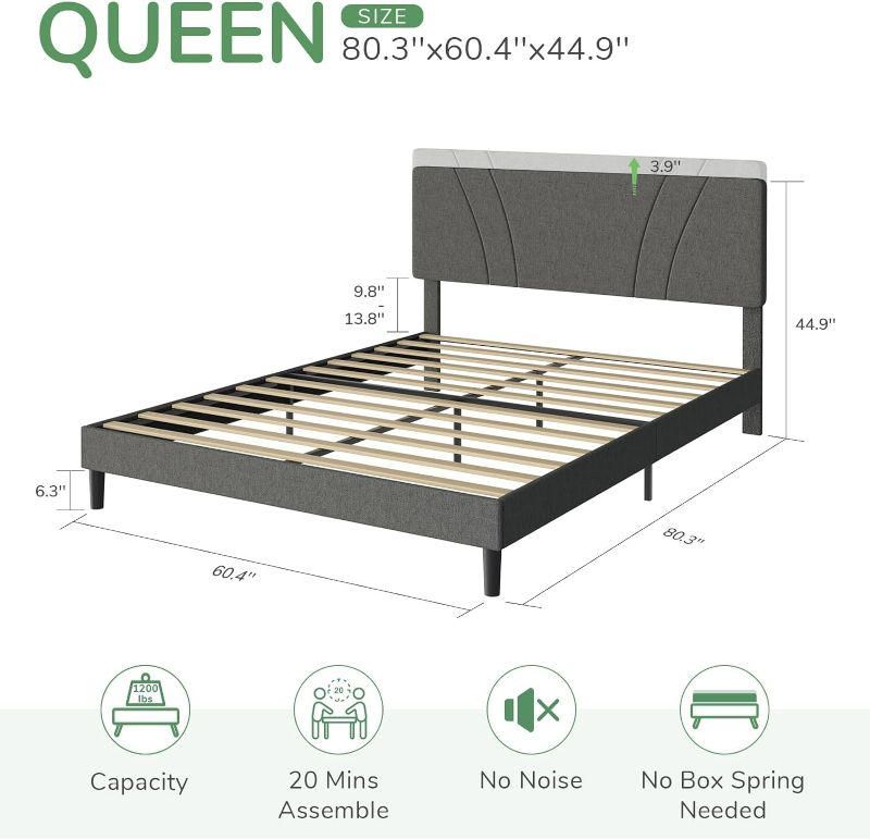 Photo 5 of (NON-REFUNDABLE) Novilla Queen Size Platform Bed Frame with Adjustable Headboard Upholstered Bed Frame Queen No Box Spring Needed, Noise Free, Easy Assembly, Grey
