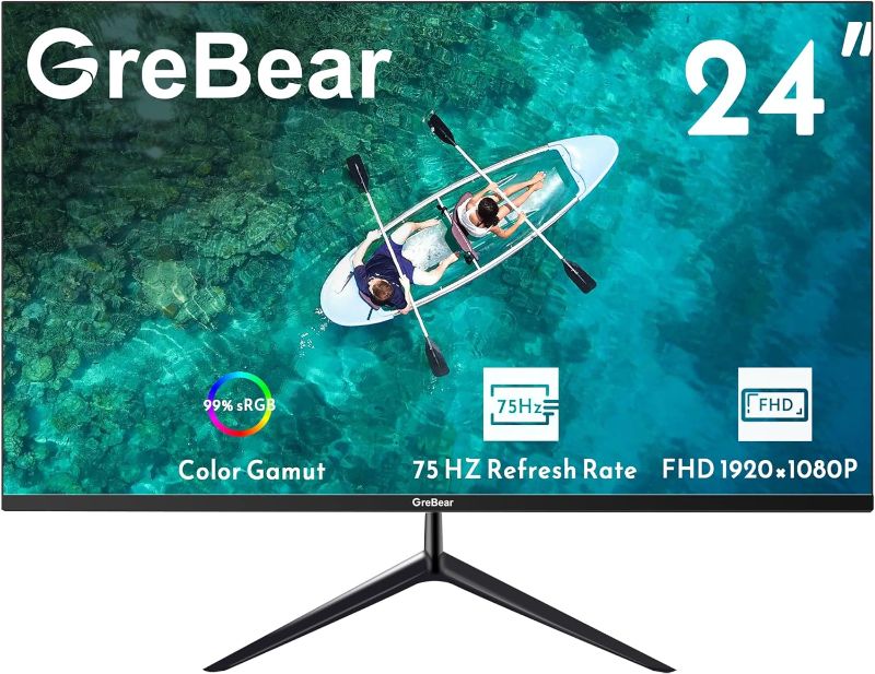 Photo 1 of GreBear 24 Inch Computer Monitor, FHD 1080p PC Monitor 75hz Built in Speakers, 99% sRGB Low Blue Light Anti-Glare VA Screen Desktop Display w/HDMI/USB Type-C/Freesync Tilt Adjustable 75 x 75 mm VESA
