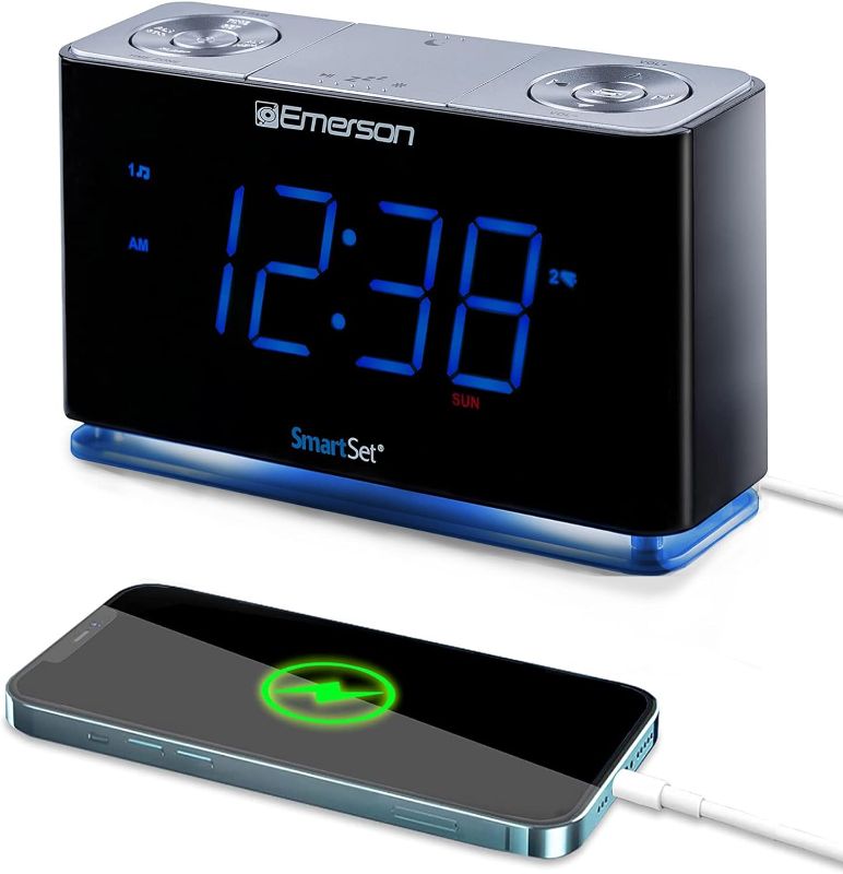 Photo 1 of Emerson Smartset Radio Alarm Clock, 1.4" Blue LED Digital Display, USB Charging Port, Brightness Dimmer Controls, Bluetooth Connectivity, Set Alarm to Radio, Music, or Buzzer, Bedside Clock, Black