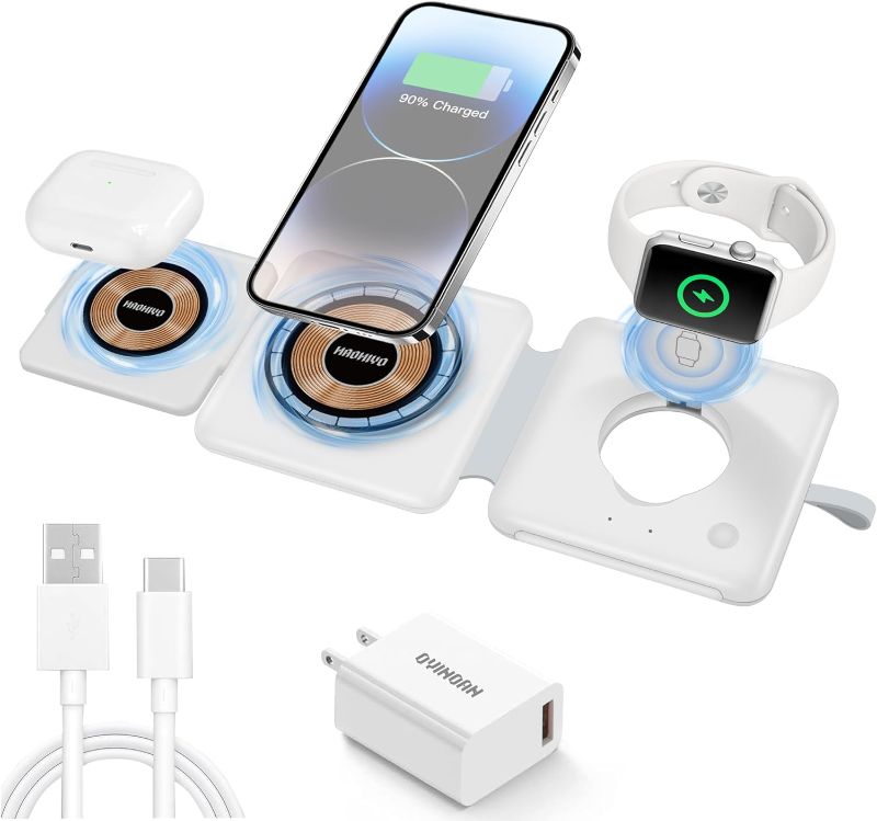 Photo 1 of HAOHIYO 3 in 1 Magnetic Wireless Charger for iPhone, Foldable Wireless Charging Station, 20W Fast Travel Charger for Apple, Samsung Multiple Devices (White)
