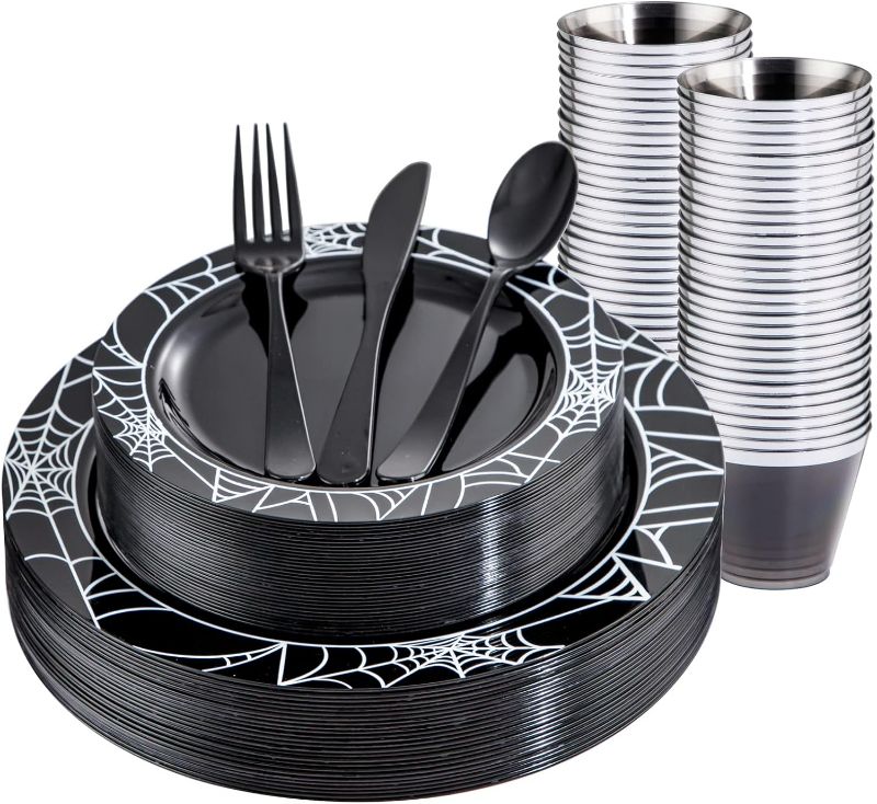 Photo 1 of (NON-REFUNDABLE) LIYH 150pcs Black Plastic Plates, Halloween Black/SILVER