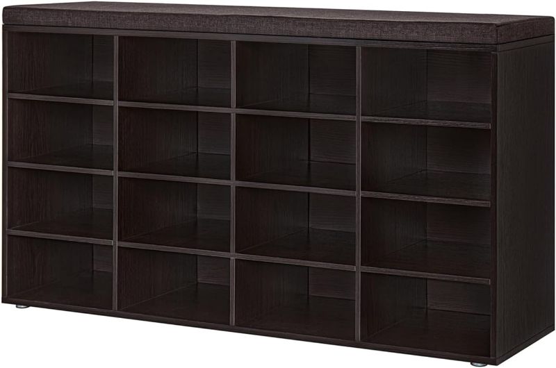 Photo 1 of (used)(missing hardware)DINZI LVJ Shoe Storage Bench with Cushion, 16-Cubby Shoe Rack, Adjustable Shelves