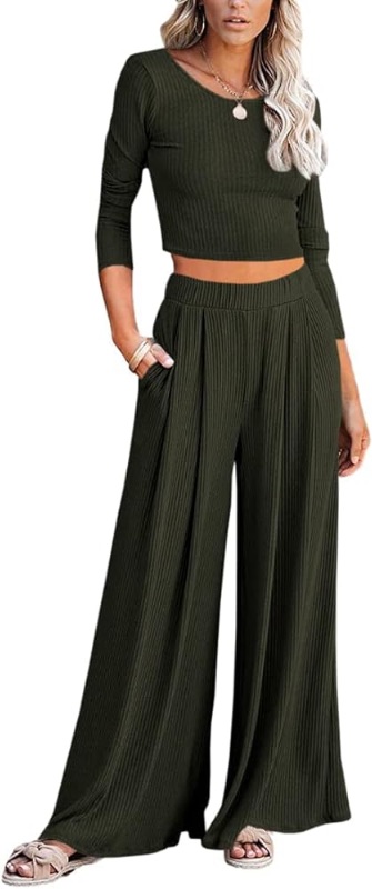 Photo 1 of Lveberw Lounge Set Womens, Outfits Sets, Ribbed Crop Top Long Sleeve, Palazzo Pants - Loose Sweatsuit Knit,2 Piece Pajamas (S)