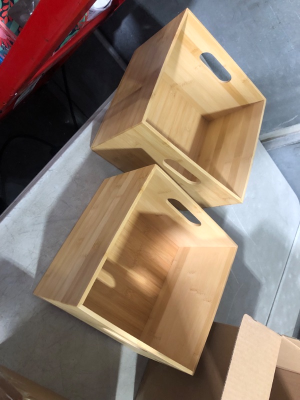 Photo 2 of ***USED - DAMAGED - WARPED - SEE PICTURES*** StorageWorks Bamboo Organizers for Shelves, Handcrafted Square Bamboo Storage Containers for Snacks, Spices, or Drinks, Natural Wooden Crates with Built-in Handles, Set of 2 Natural Wood Color