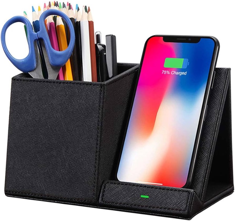 Photo 1 of COSOOS Fast Wireless Charger with Desk Organizer, Desk Phone Charger Compatible with 15/15 Pro/15 Pro Max/14/13/12/11/XS/8 Plus, Galaxy S21/S20+/S10/Note 10/Note 9/(No AC Adapter)