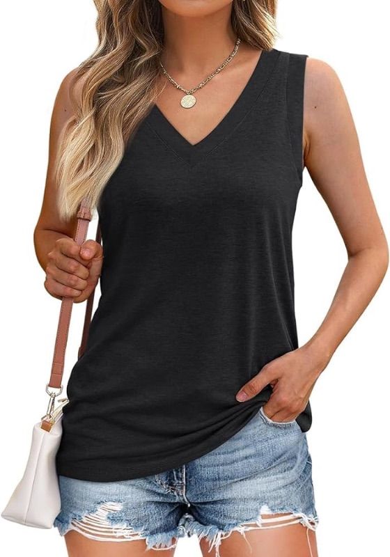 Photo 1 of Gorzhesua Womens Summer Deep V Neck Sleeveless Tank Top Curved Hem Casual Loose Fit Flowy Tank - Large