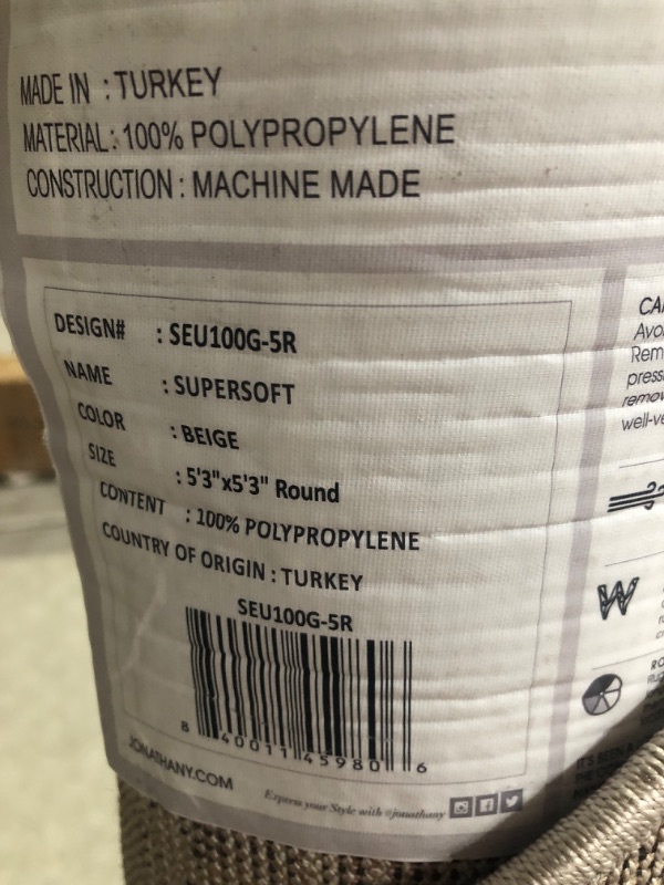 Photo 5 of ***USED - DIRTY - NO PACKAGING***
JONATHAN Y SEU100G-5R Haze Solid Low-Pile Indoor Area-Rug, Coastal, Bohemian, Minimalist Easy-Washing,Bedroom,Kitchen,Living Room,Non Shedding, Beige, 5' Round Beige 5' Round