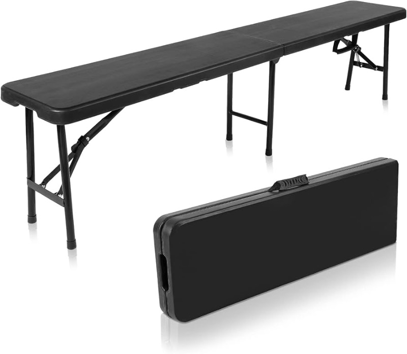 Photo 1 of ***DAMAGED - SEE COMMENTS***
(Pack of 2) Black Folding Bench 6 Feet Plastic Outdoor Bench Portable Folding Bench Seat Foldable Bench Seating with Carrying Handle for Dining Camping Picnic BBQ Sports Garden Indoor Outdoor Patio Activities