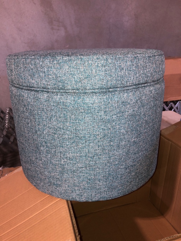 Photo 2 of (READ FULL POST) HomePop by Kinfine Fabric Upholstered Round Storage Ottoman - Button Tufted Ottoman with Removable Lid, Teal Woven
