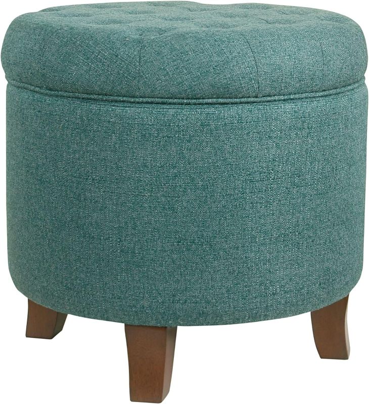 Photo 1 of (READ FULL POST) HomePop by Kinfine Fabric Upholstered Round Storage Ottoman - Button Tufted Ottoman with Removable Lid, Teal Woven
