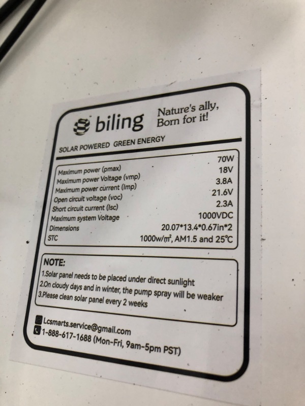 Photo 4 of **UNABLE TO TEST**
Biling Pond Filter with 62W Solar Panel, 660 GPH Water Pump, Solar Fountain Pump