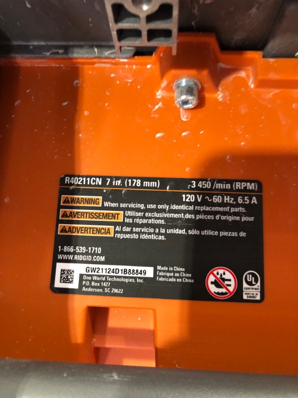 Photo 3 of ***HEAVILY USED - DIRTY - SAW PART MISSING - UNABLE TO VERIFY FUNCTIONALITY***
RIDGID 6.5-Amp 7 in. Blade Corded Table Top Wet Tile Saw