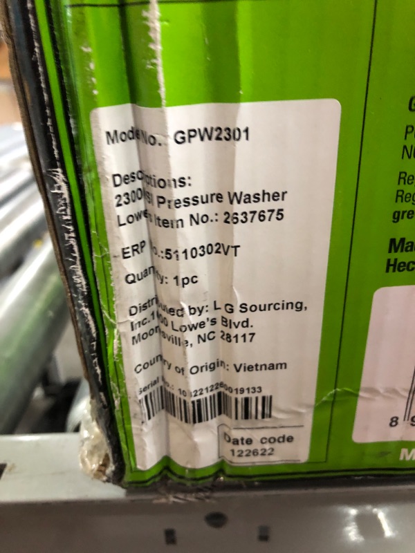 Photo 3 of **UNABLE TO TEST**
Greenworks Pro 2300 PSI 2.3-Gallons Cold Water