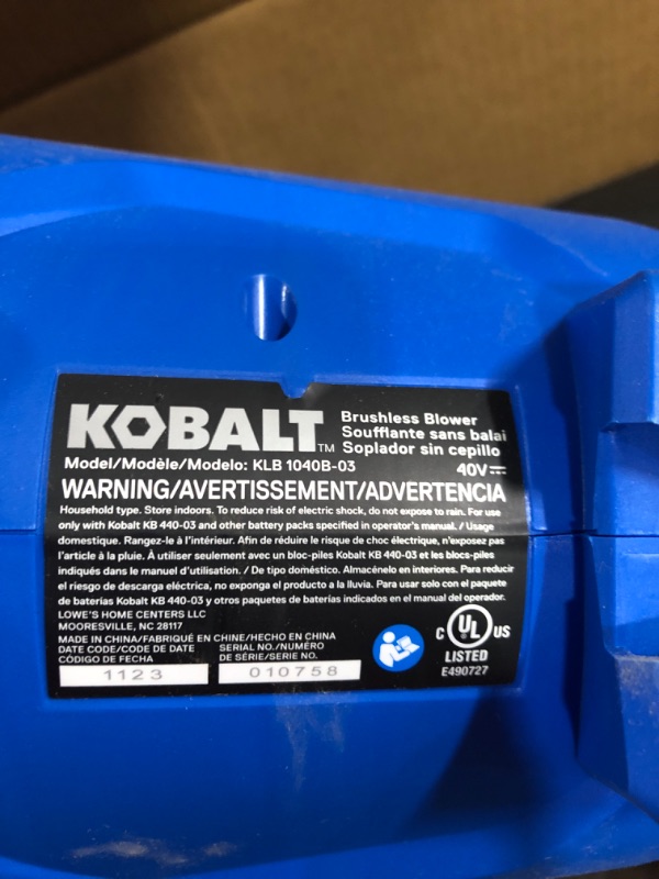 Photo 3 of **MAY BE MISSING PARTS**
Kobalt Gen4 40-Volt 520-CFM 120-MPH Brushless Handheld Cordless Electric Leaf Blower w/ Battery