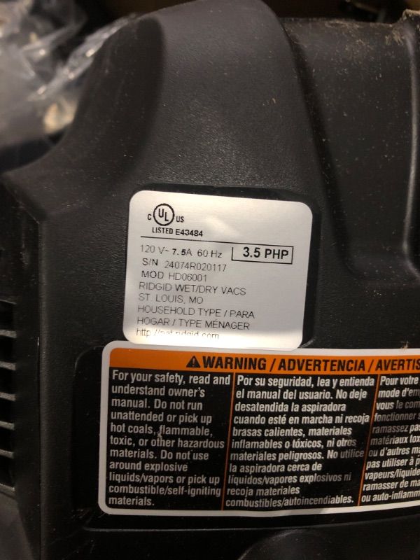 Photo 3 of **MISSING ACCESSORIES**
RIDGID 6 Gallon 3.5 Peak HP NXT Wet/Dry Shop Vacuum with Filter, Locking Hose and Accessories