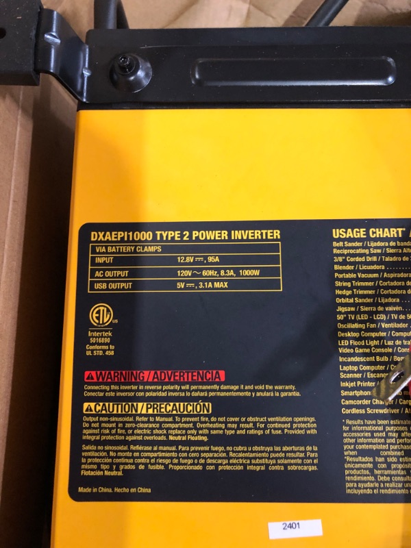 Photo 3 of **UNABLE TO TEST**
DEWALT DXAEPI1000 Power Inverter 1000W Car Converter