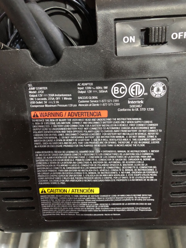 Photo 1 of **UNABLE TO TEST**
Vector J7cv 800 Peak Amp Portable Car Jump Starter 120 PSI Compressor