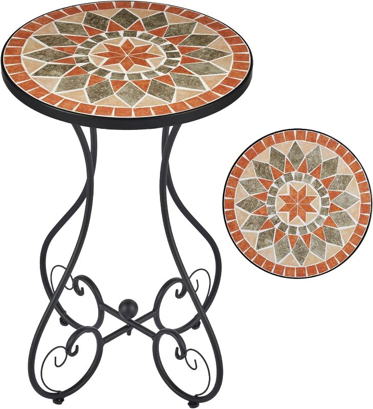 Photo 1 of 
VONLUCE Outdoor Side Table and Mosaic Plant Stand, 21" Round End Table with 14" Ceramic Tile Top for Patio Porch Decor, Indoor and Outdoor Accent