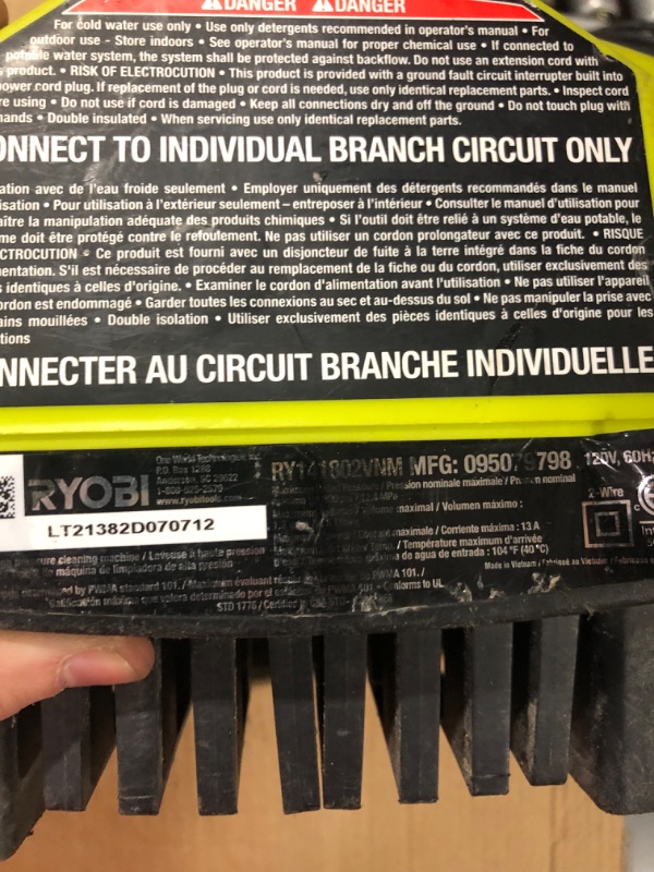 Photo 3 of **FOR PARTS ONLY - DOES NOT TURN ON**
RYOBI 1,800 PSI 1.2 GPM Electric Pressure Washer, RY141820VNM