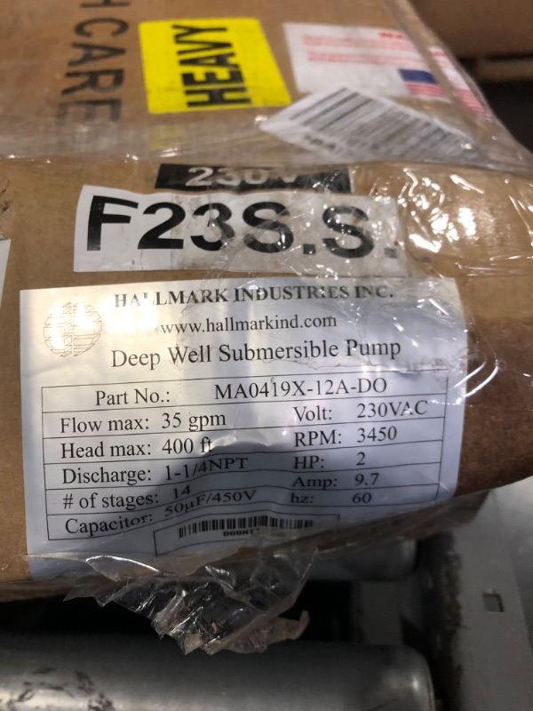 Photo 3 of **PLEASE READ NOTES**
Hallmark Industries MA0419X-12A, Deep Well Submersible Pump, 2HP, 230V 60HZ, 33 Gpm, Stainless Steel, for 4" or bigger well