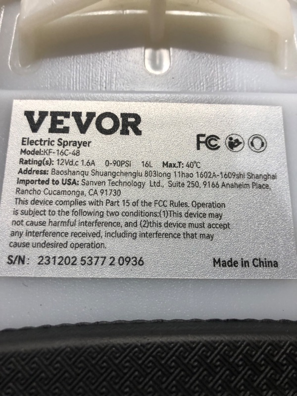 Photo 3 of **NON-REFUNDABLE**NO RETURNS**PARTS ONLY*** 
****BY BIDDING ON THIS ITEM, YOU UNDERSTAND THAT THIS SALE IS FINAL AND ITEM CANNOT BE RETURNED***

VEVOR Battery Powered Backpack Sprayer, 0-90 PSI Adjustable Pressure, 4 Gallon Tank